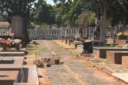 Calçada estourada e vasos jogados ao chão, na área do Santíssimo Sacramento